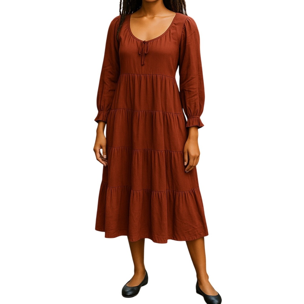 LA Causa‎ Women's Tiered Midi Dress Long Sleeve Rust Brown Size M New